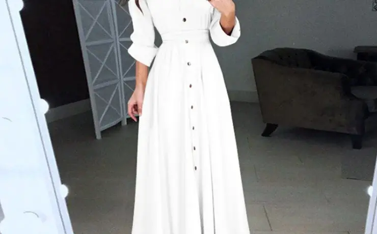 Белое платье в пол с длинным рукавом