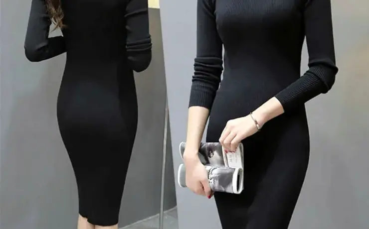 Черное обтягивающее платье с длинным рукавом