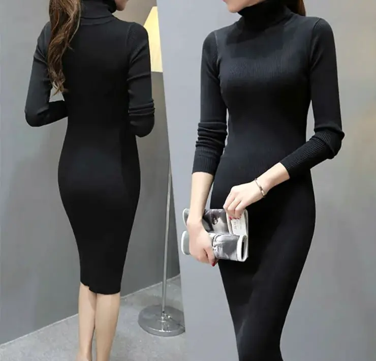Черное обтягивающее платье с длинным рукавом