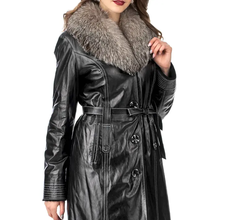 Кожаное пальто с мехом женское