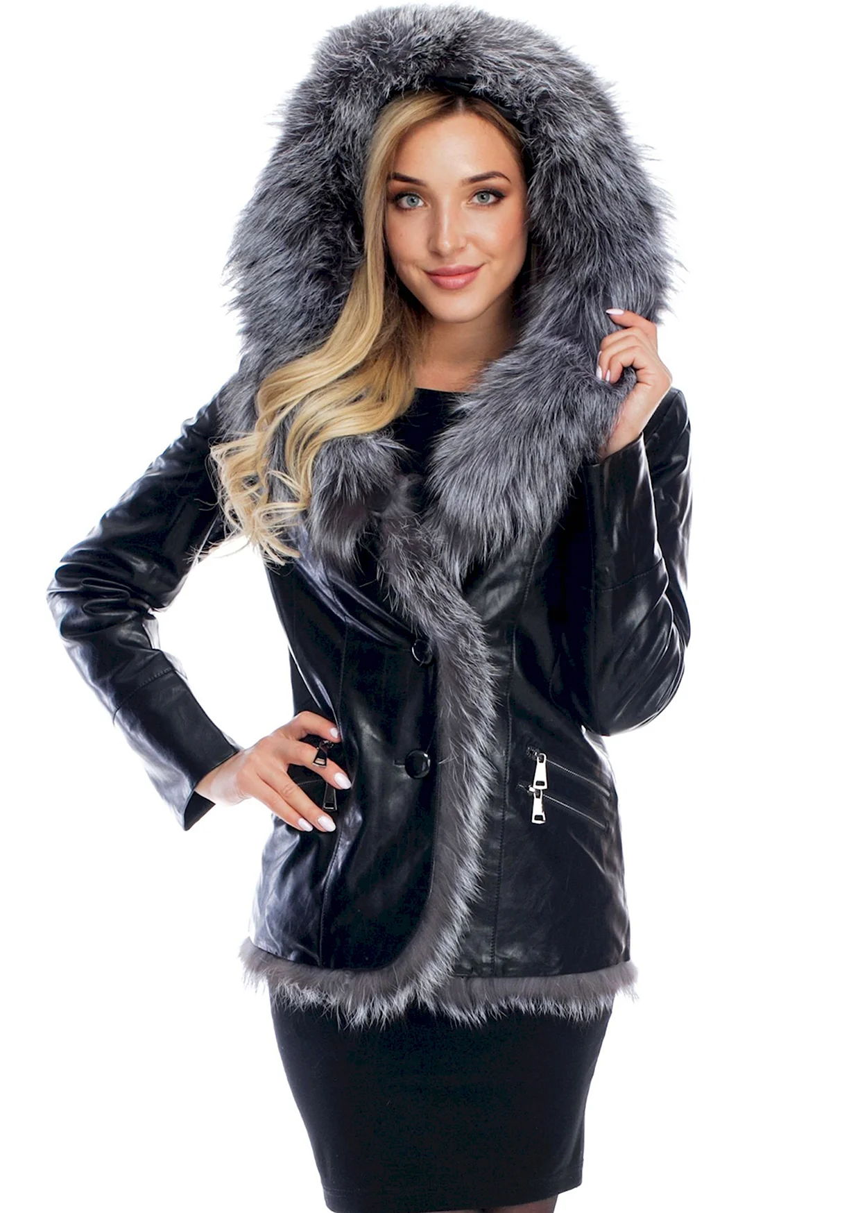 Куртка экокожа женская зима с мехом чернобурки